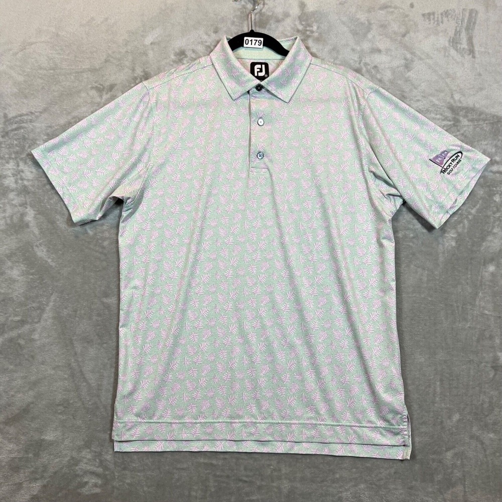 FootJoy Shadow Palm Print Lisle Self Collar Golf Polo Mens Medium Sage‎ Lavender
